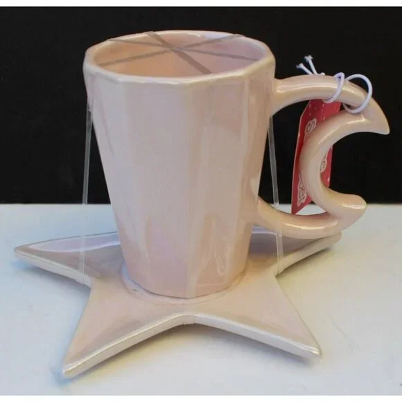 New Pink Ceramic Coffee Cup Mug Tea W/ Star & Moon Handle & Saucer Plate Set - Picture 3 of 3